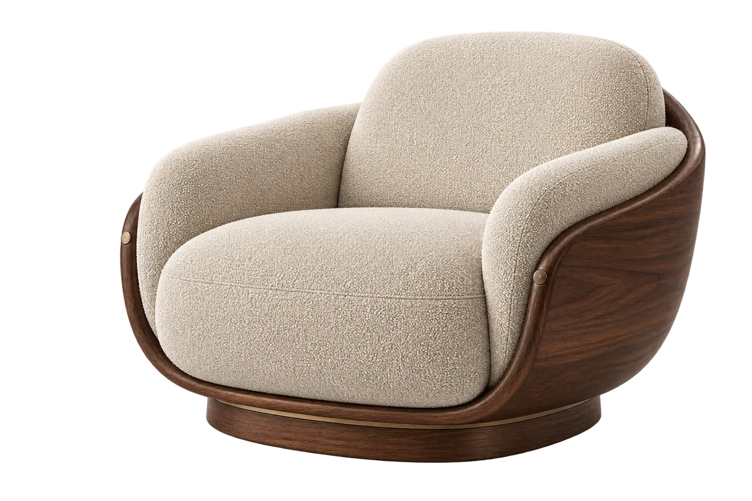 White-background product render of a bouclé and walnut lounge chair