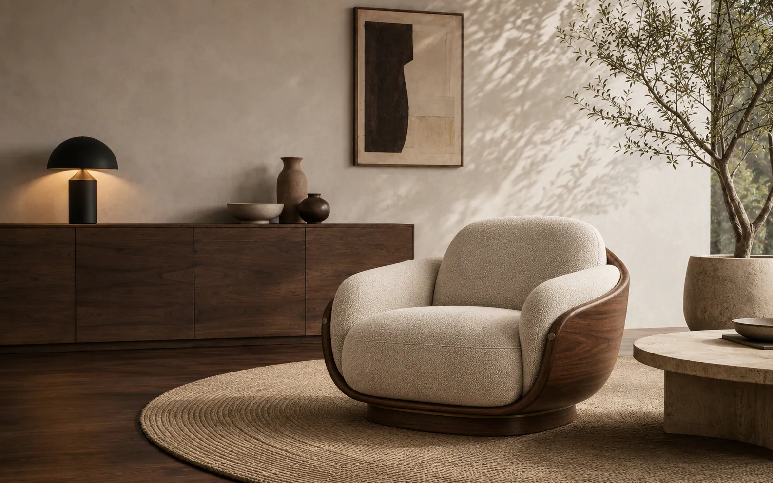 Photoreal bouclé and walnut lounge chair in a warm contemporary room
