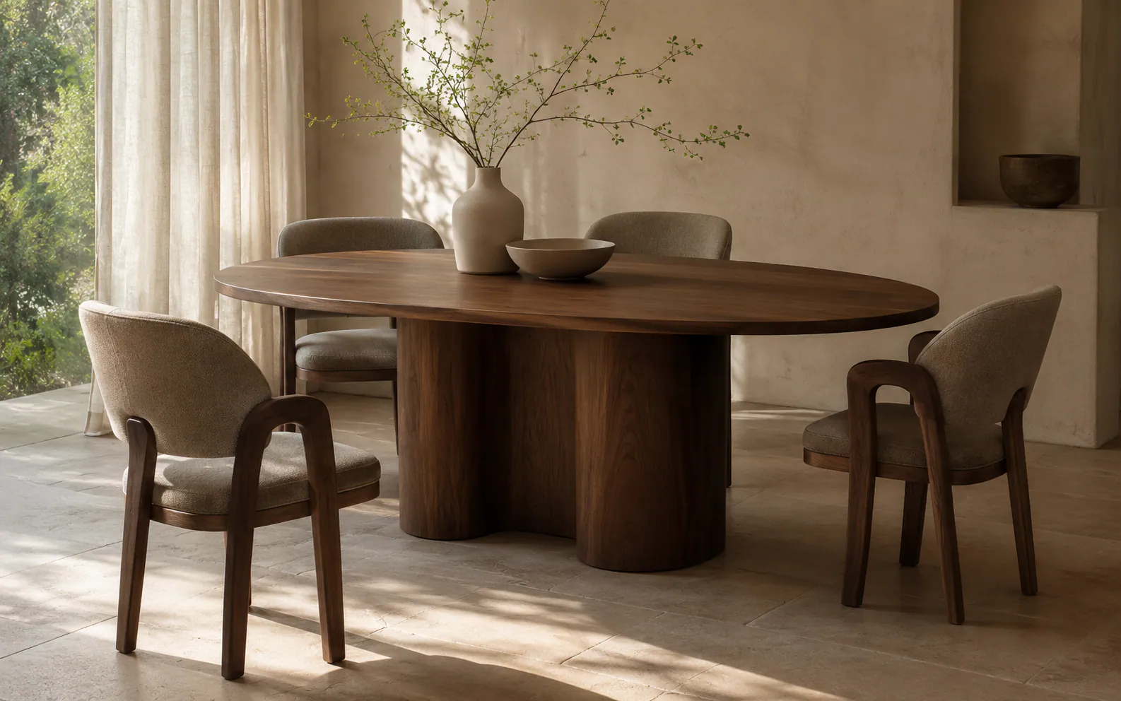 Photoreal visualization of a walnut dining furniture collection