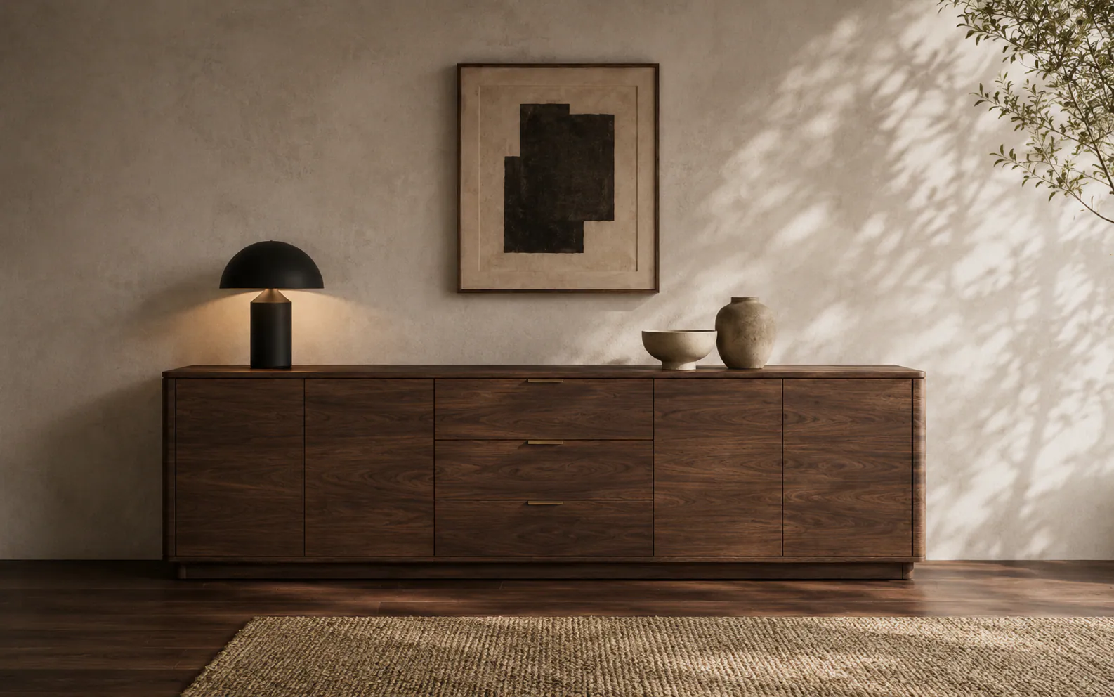 Dark walnut sideboard in a warm contemporary interior