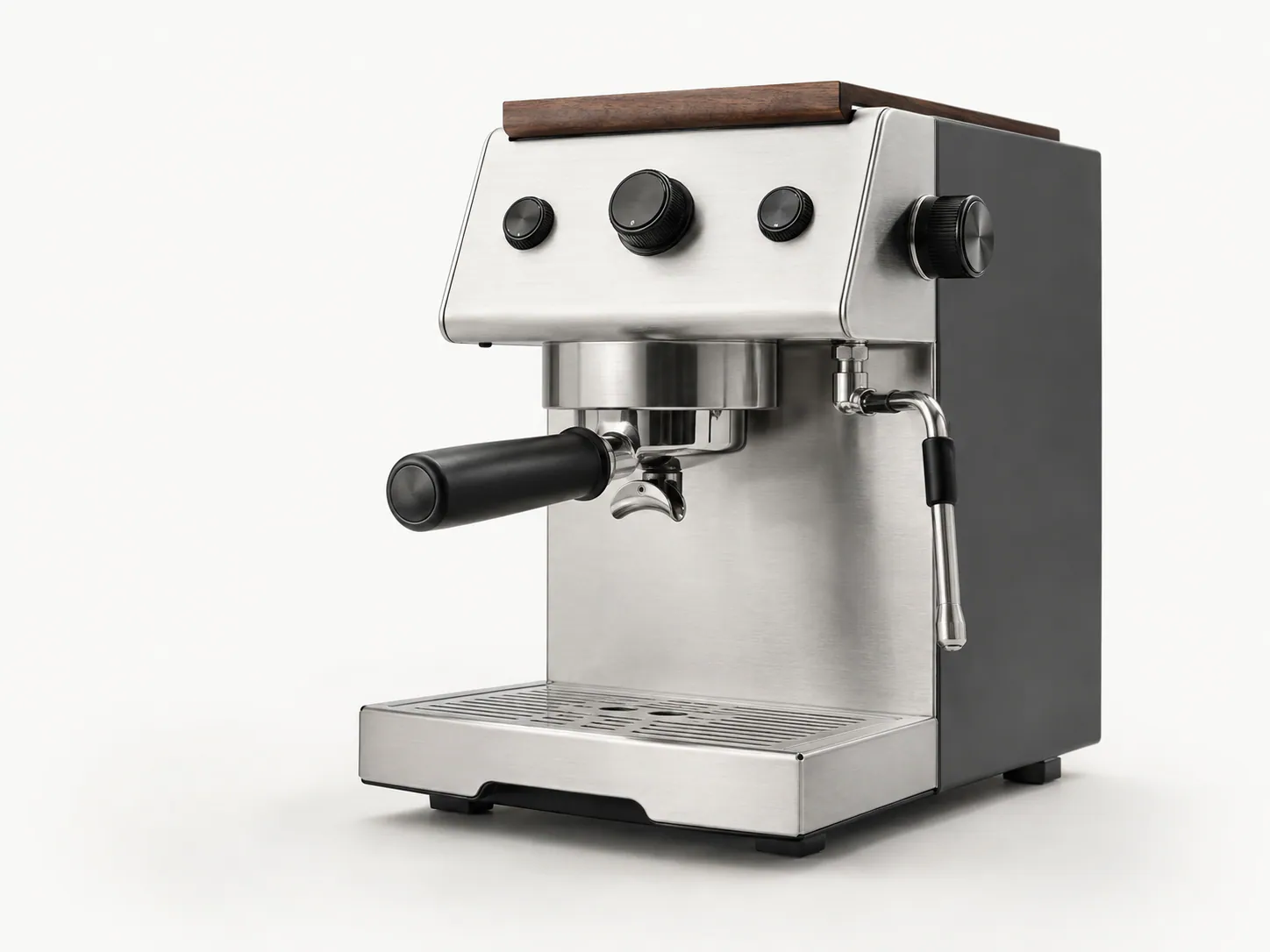 Photoreal studio rendering of a stainless-steel espresso machine