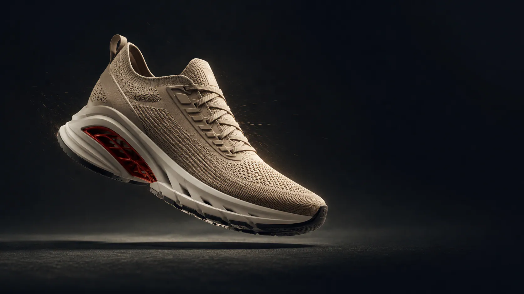 Cinematic animation frame of a technical running shoe suspended above a dark studio floor