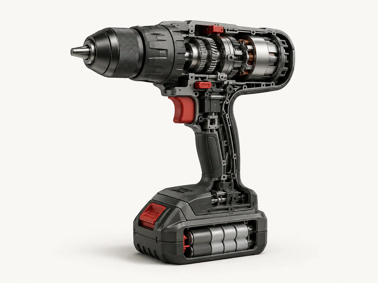 Cutaway product visualization revealing the internal construction of a cordless drill