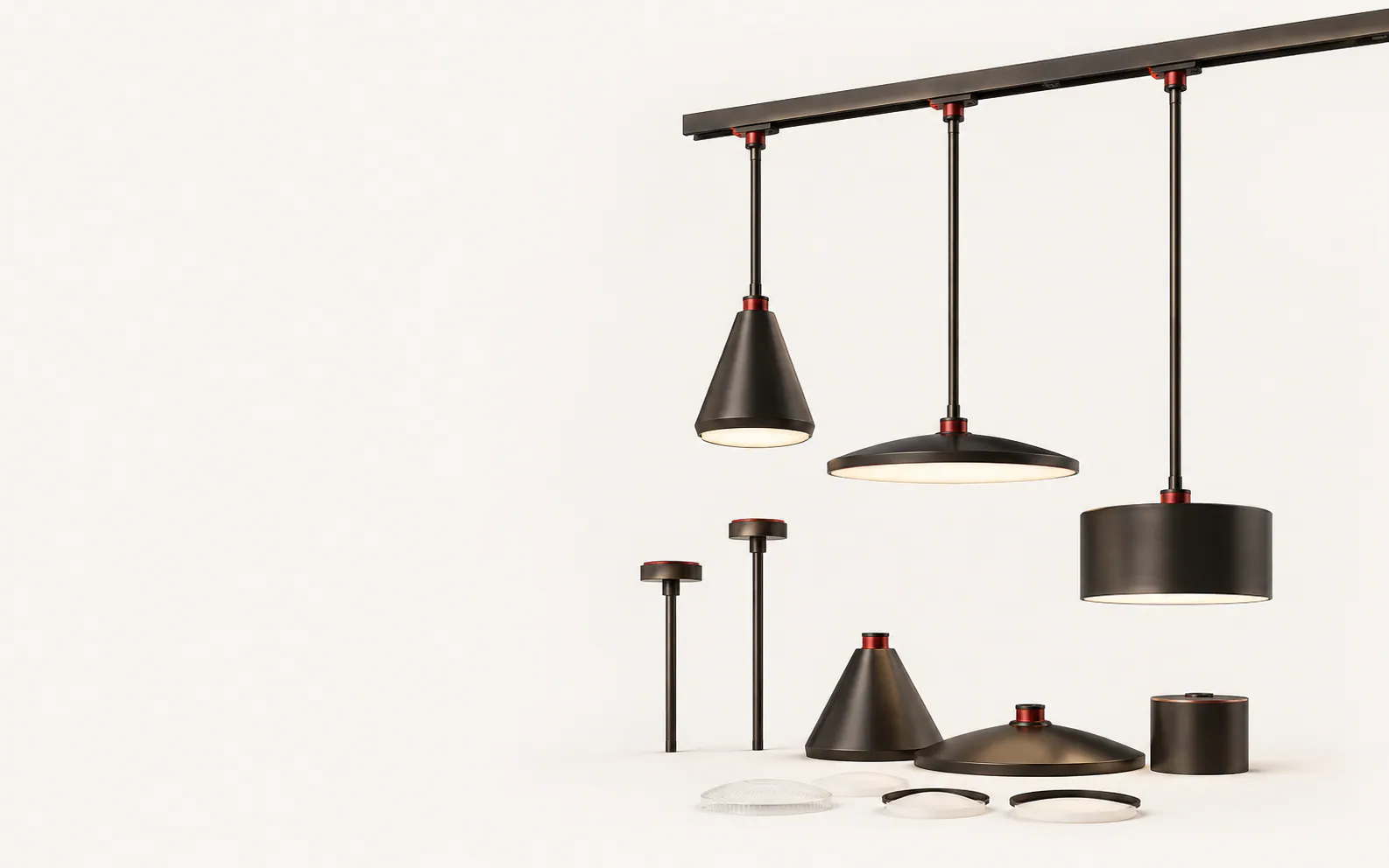 Configurable pendant-lighting system shown as a family of modular components