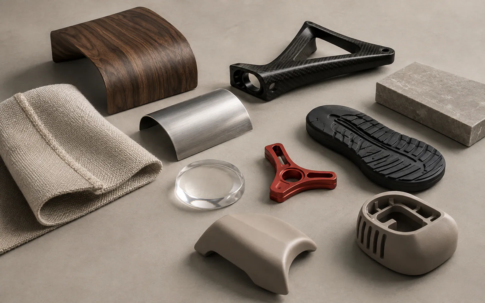 Product material studies spanning textile, walnut, metal, carbon fiber, rubber and stone