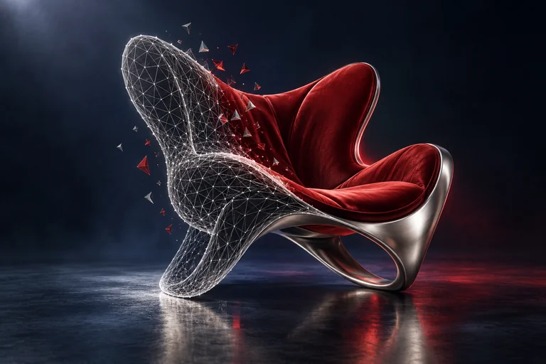 Concept artwork of a chair transitioning from wire mesh to a polished solid surface