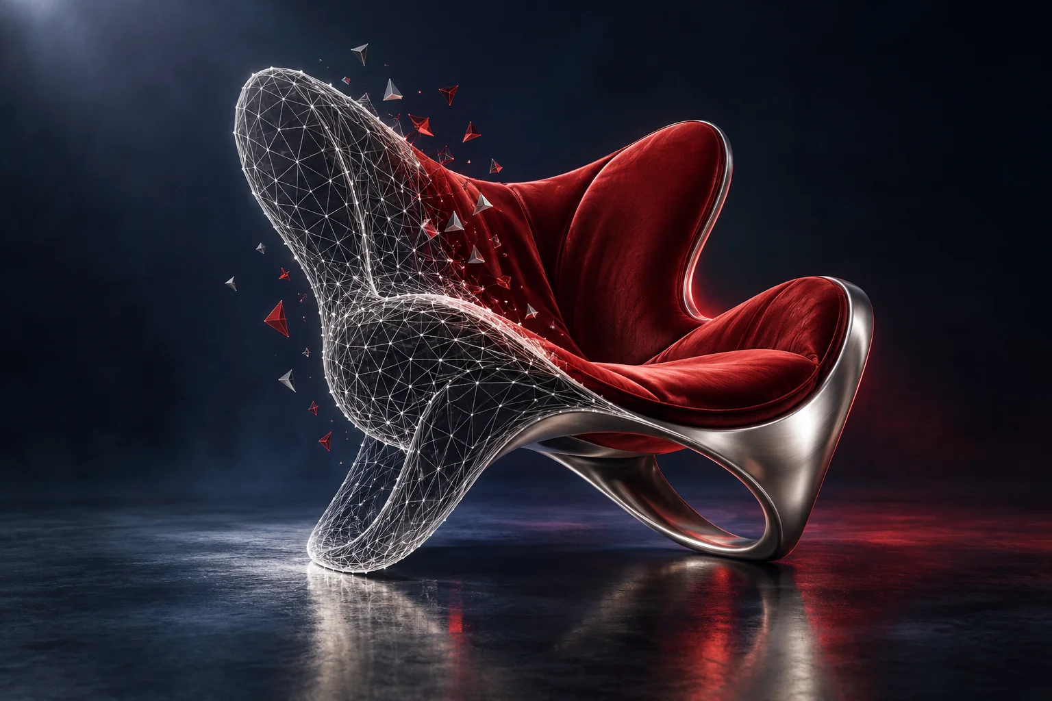 A sculptural lounge chair transforms from a luminous mesh into polished crimson and silver surfaces