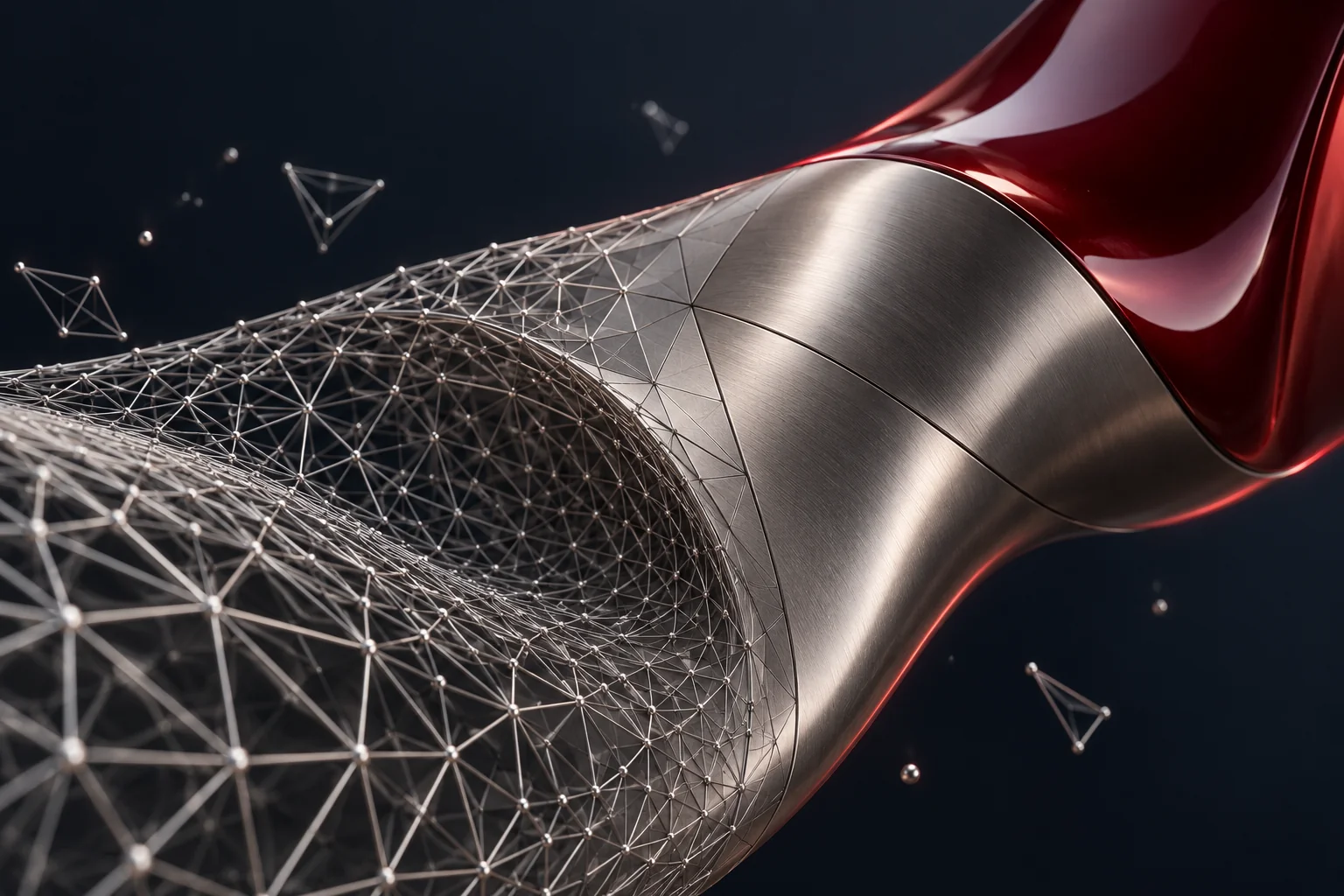 A close-up concept study of intricate wire mesh transitioning into a smooth metallic sculptural surface